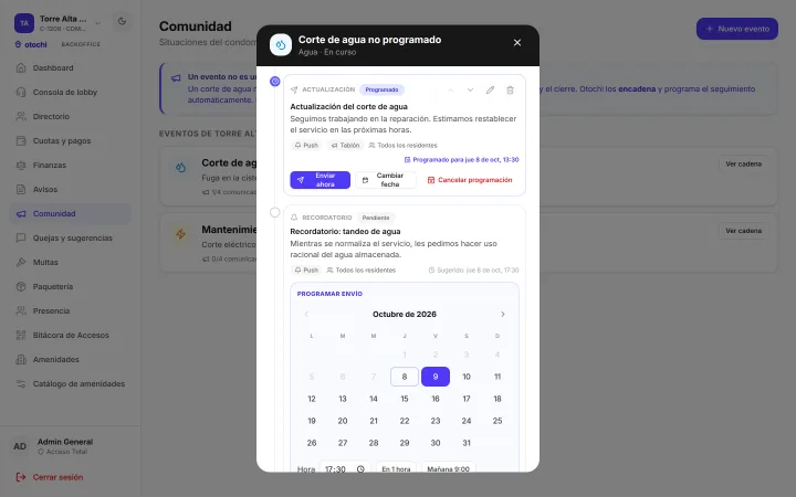 La cadena de comunicados del «Corte de agua no programado», en curso: la actualización ya está programada para el jueves 8 de octubre a las 13:30, con los botones Enviar ahora, Cambiar fecha y Cancelar programación; el recordatorio del tandeo de agua está pendiente, con el calendario de octubre de 2026 abierto para programarlo el viernes 9.