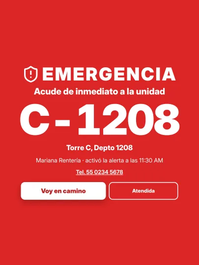Consola de lobby de la Torre C con la alerta roja a pantalla completa: «Emergencia. Acude de inmediato a la unidad C-1208», Torre C, Depto 1208; Mariana Rentería activó la alerta a las 11:30 AM, con su teléfono 55 0234 5678 y los botones Voy en camino y Atendida.