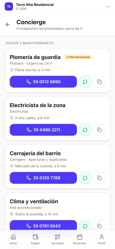 Concierge en la app de residente, proveedores recomendados cerca: en Hogar y mantenimiento, Plomería de guardia, plomero, en la plaza vecina, a 3 min, con la marca Recomendado; Electricista de la zona, a dos calles, a 6 min; Cerrajería del barrio, cerrajero de aperturas y duplicados, en el mercado de la colonia, a 8 min, y Clima y ventilación, aire acondicionado, sobre la avenida, a 10 min; cada uno con sus botones para llamar, escribir por WhatsApp y copiar.