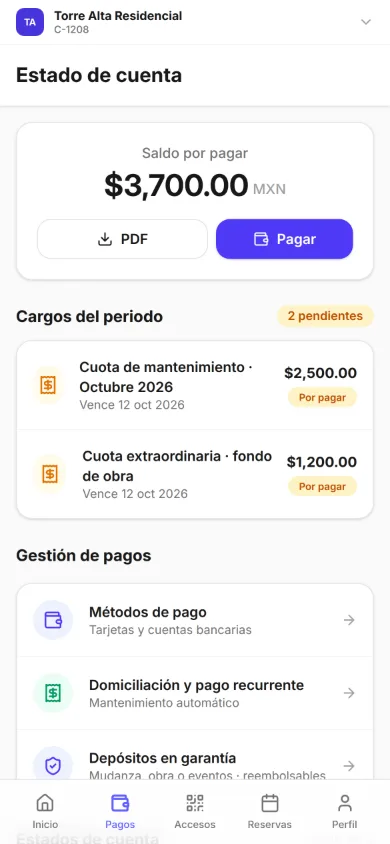 Estado de cuenta de la unidad C-1208 en la app de residente: saldo por pagar de $3,700.00 MXN, con los botones PDF y Pagar; en los cargos del periodo, la cuota de mantenimiento de octubre 2026 por $2,500.00 y la cuota extraordinaria del fondo de obra por $1,200.00, las dos por pagar y con vencimiento el 12 oct 2026; abajo, métodos de pago y domiciliación.