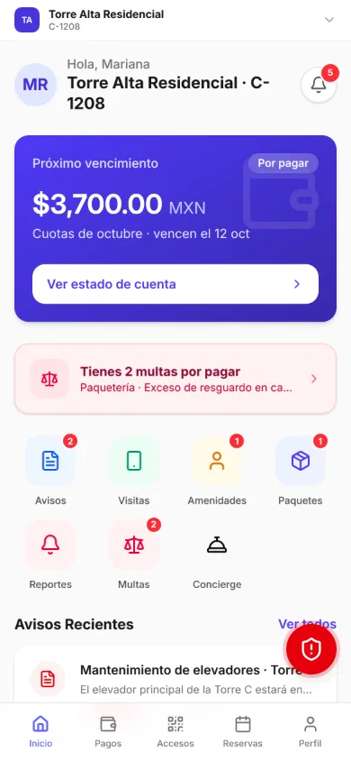 Inicio de la app de residente de Mariana, en Torre Alta Residencial, unidad C-1208: la tarjeta índigo del próximo vencimiento, $3,700.00 por pagar de las cuotas de octubre, que vencen el 12 oct; el aviso «Tienes 2 multas por pagar», por exceso de resguardo en caseta; los accesos a avisos, visitas, amenidades, paquetes, reportes, multas y Concierge, y el botón rojo de emergencia.
