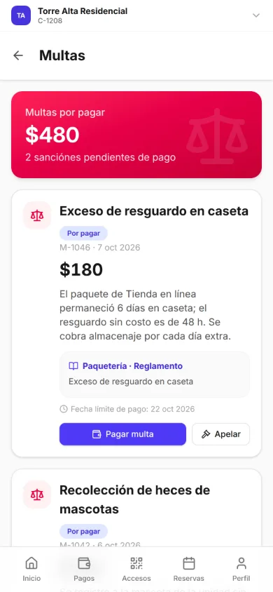Pantalla Multas de la app de residente: $480 por pagar en 2 sanciones; la primera, M-1046 del 7 oct 2026, «Exceso de resguardo en caseta», por $180: el paquete permaneció 6 días en caseta y el resguardo sin costo es de 48 h; con su referencia al reglamento de paquetería, la fecha límite de pago del 22 oct 2026 y los botones Pagar multa y Apelar.