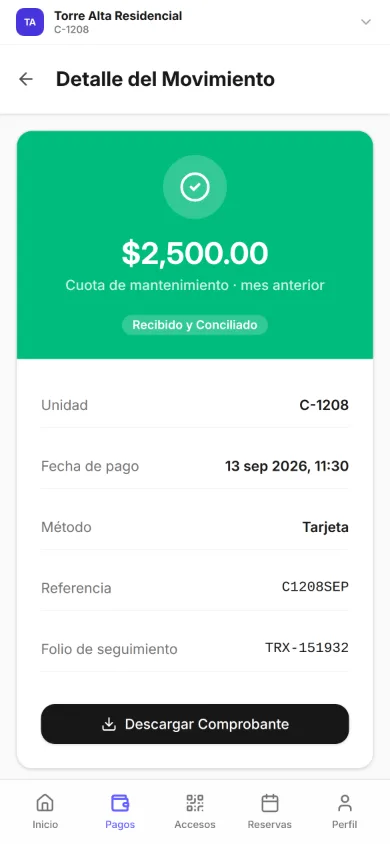 Detalle de un pago de $2,500.00 de la cuota de mantenimiento, recibido y conciliado: unidad C-1208, pagado el 13 sep 2026 a las 11:30 con tarjeta, referencia C1208SEP, folio de seguimiento TRX-151932 y el botón Descargar comprobante.